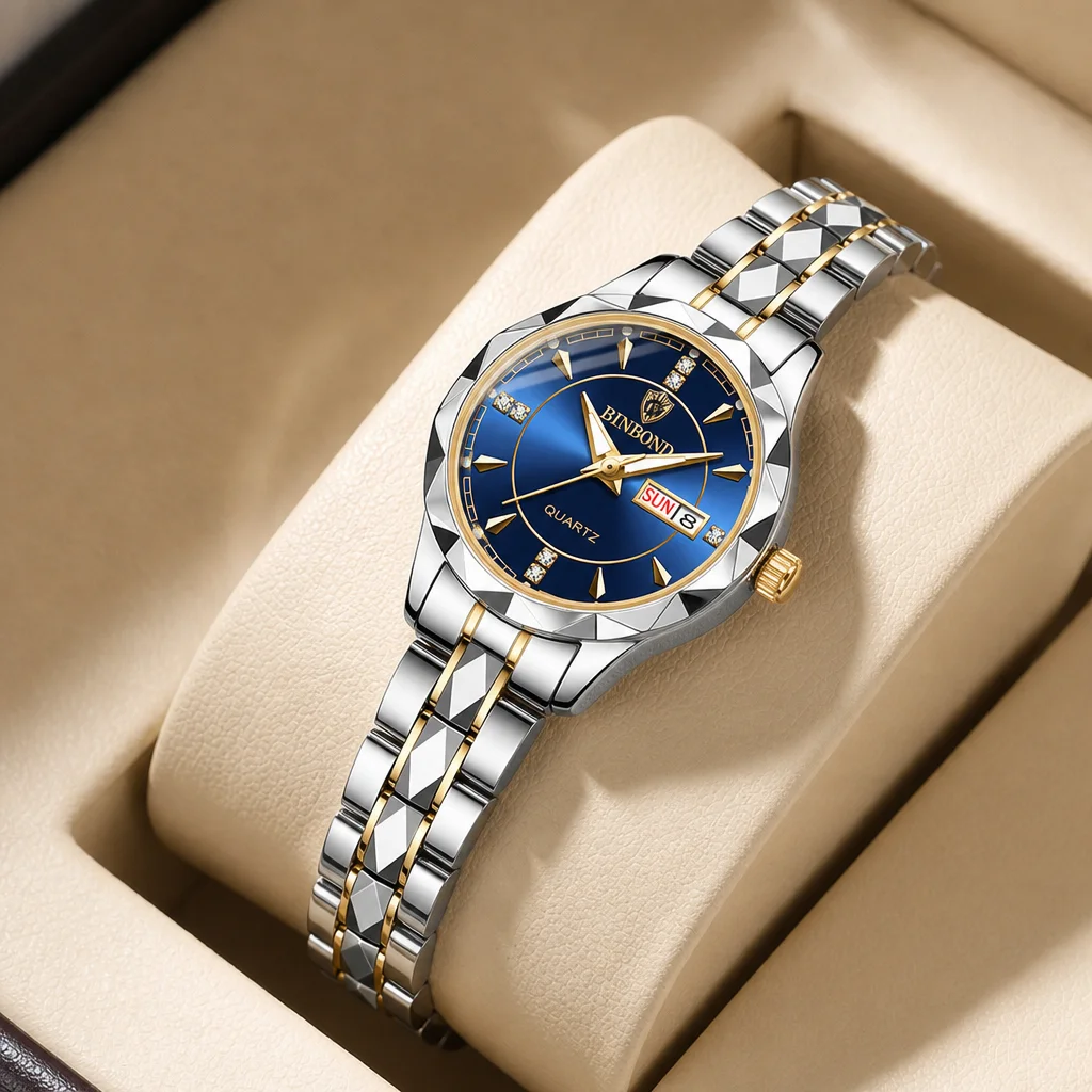 1pcs Women Watch Blue Dial Double Calendar Stainless Steel Band Elegant Casual Daily Wristwatch For Ladies Trendy Timepi