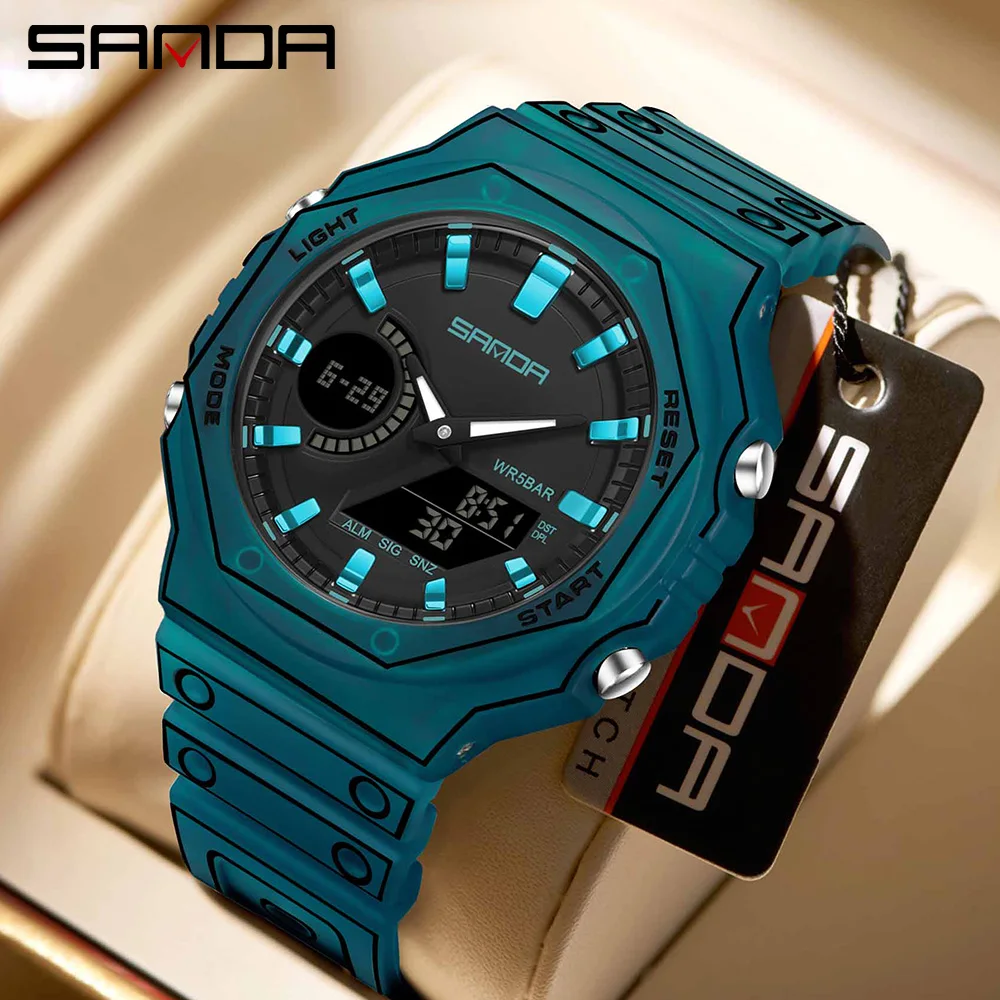 SANDA 6508 Fashion Electronic Watches for Man Multifunctional Luminous Stopwatch Alarm Clock Dual Display Men Digital Wristwatch