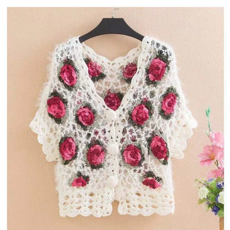 Three-dimensional Flower Hollow Crochet Sweater Cardigan Women Spring Summer New Heavy Industry Versatile Knitwear Jacket