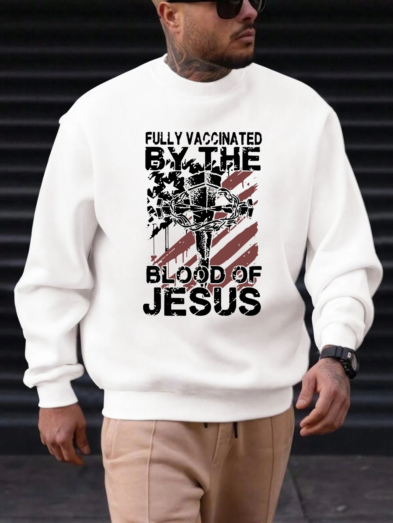

2025 New Men's Cotton Crewneck Sweatshirt Jesus Blood Religious Print FULLY VACCINATED BY THE BLOOD OF JESUS Trendy Top