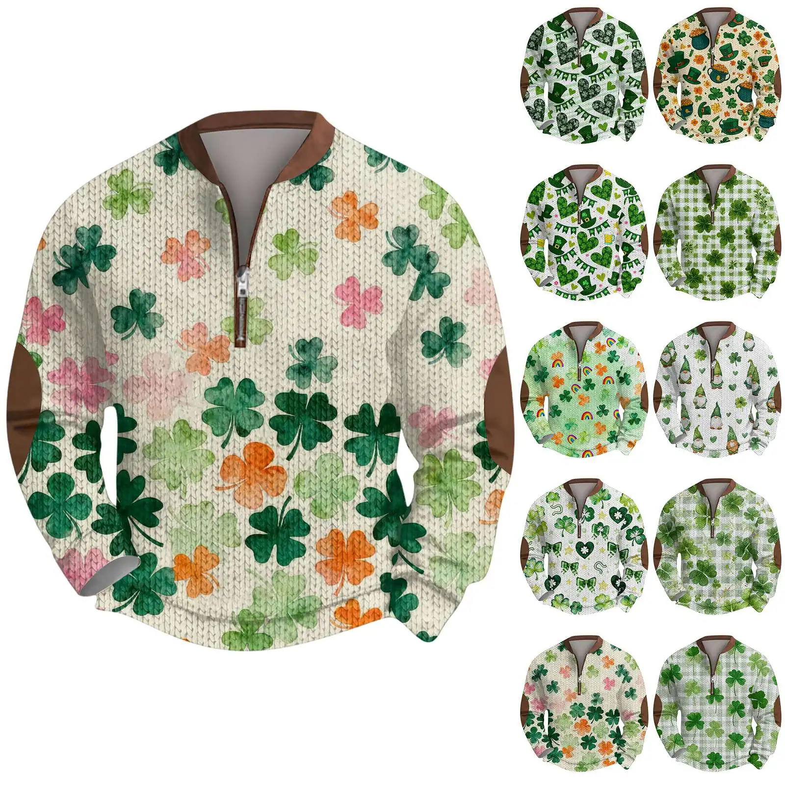 

Men's Sweatshirts Zip Up St Patrick's Day Green Vintage Knit Graphic Sweatshirt Stand Collar Pullover Autumn Winter Pullover Top