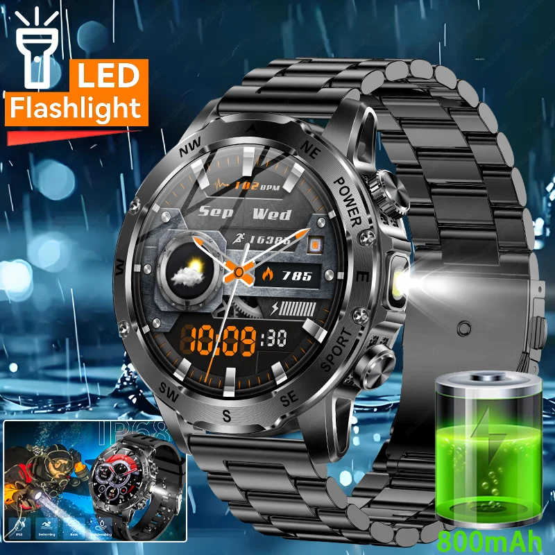 

2025 Новые военные уличные умные часы, мужские светодиодные фонарики, компас, Bluetooth-вызов, 1,53 дюйма, HD-экран, водонепроницаемые спортивные умные часы