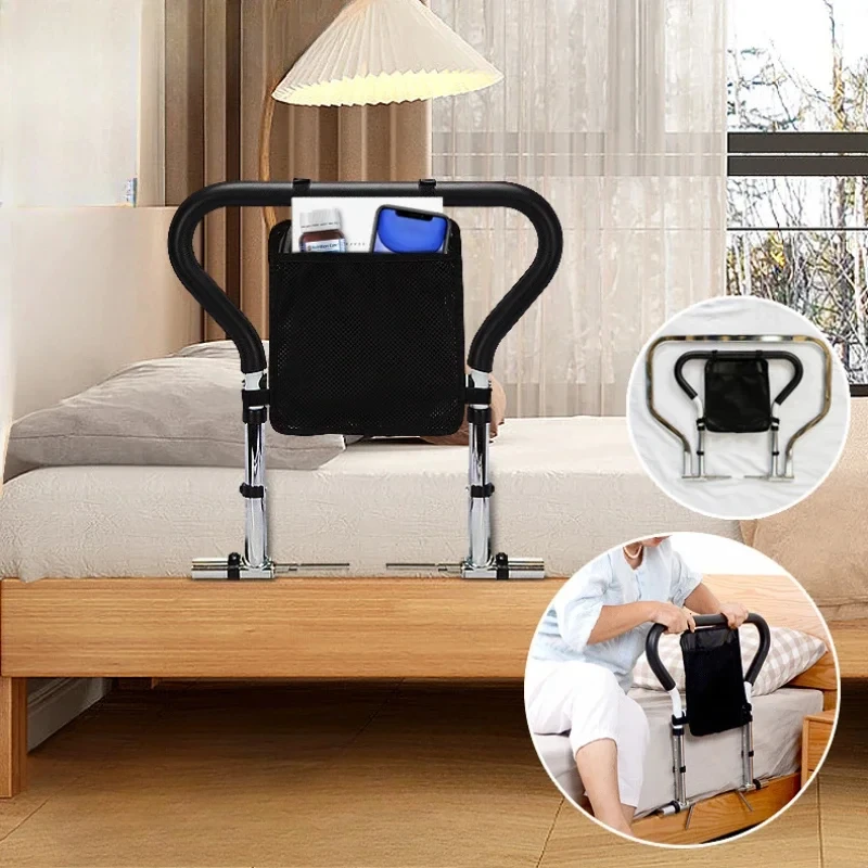 Get Up Bed Rails for Elderly Adults 90° Foldable Bed Assist Rails for Seniors 2-Level Height Adjustable Bed Side Rails Cane