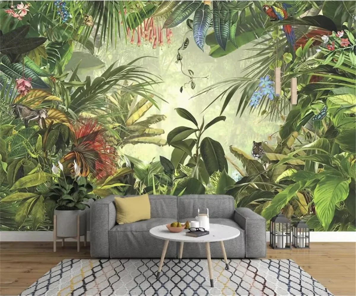 Custom wallpaper European retro hand-painted rainforest plantain parrot wall TV painting background Home Decoration Wallpaper