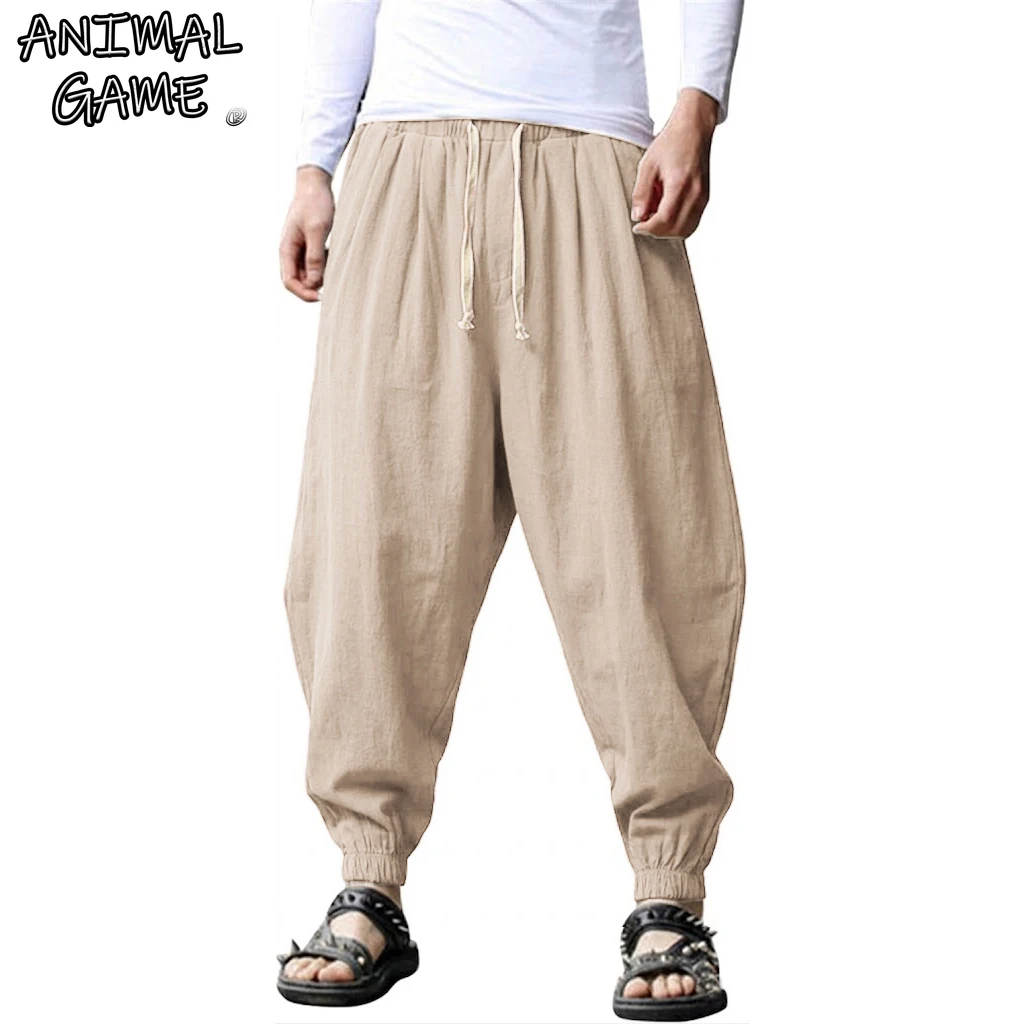 Linen Cotton Pants Men Korean Gym Man Work Trousers Casual Pants Spring Loose Harem Pants Summer Drawstring Streetwear Yoga Pant