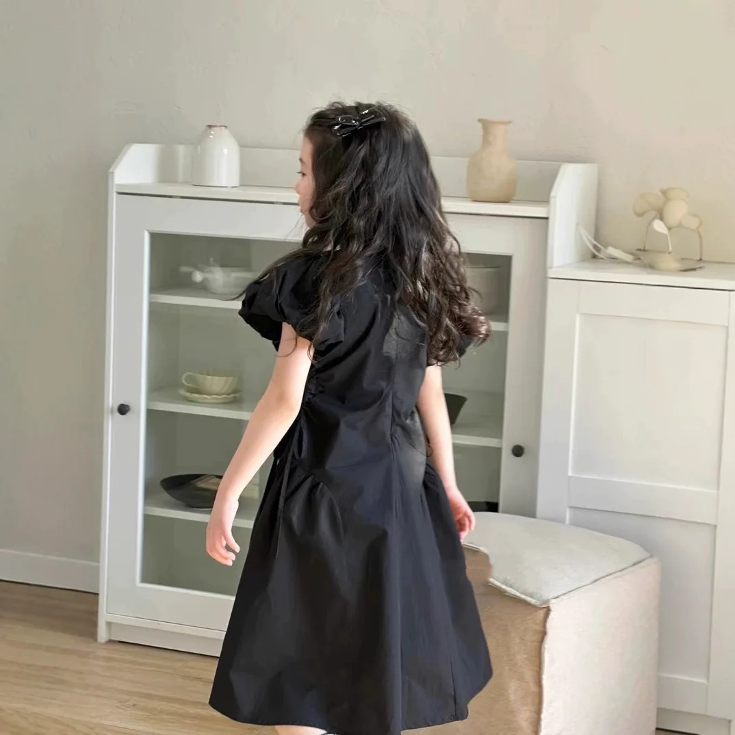 Girls Dress 2026 Spring Summer New Korean Version Solid Color Bubble Sleeve Princess Dress Sweet Temperament Daily