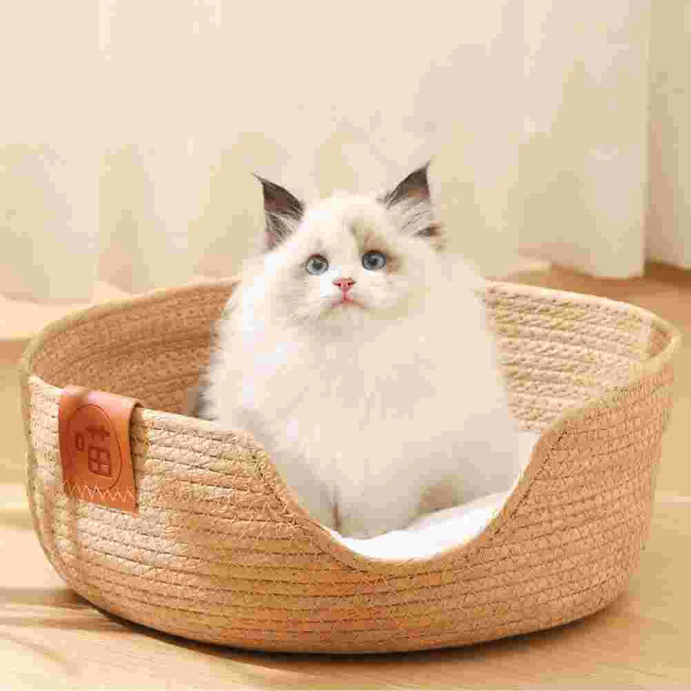 

Heated Pet Bed Summer House Comfortable Nest Weaving Kitten Breathable Woven Cat Beige Beds