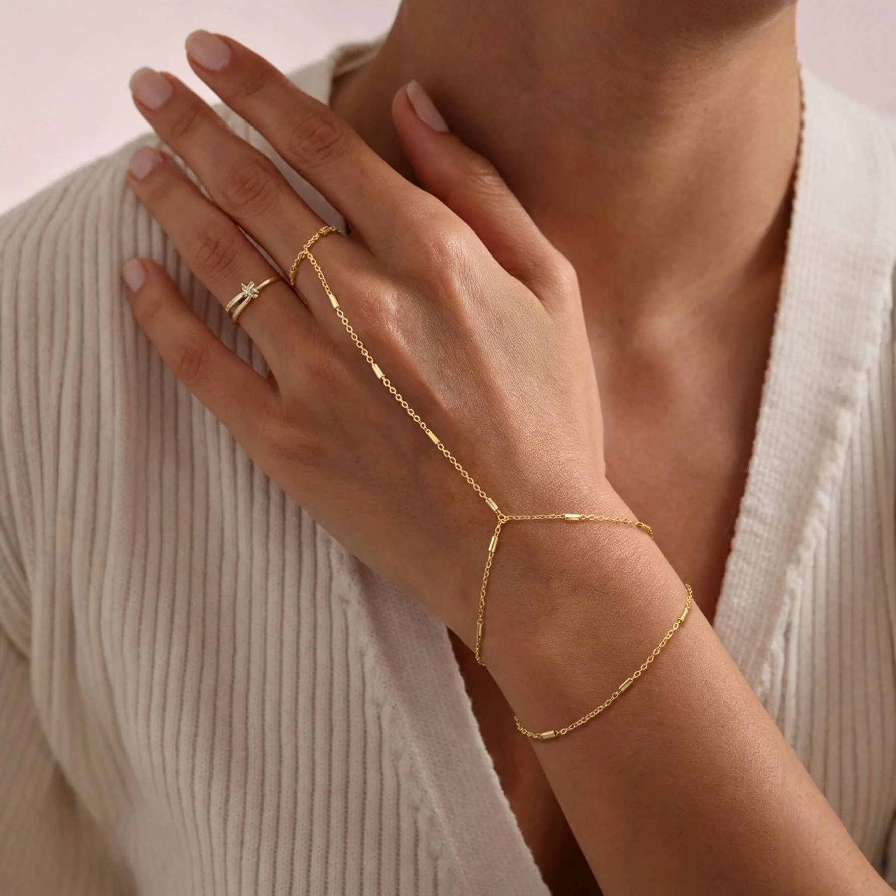 Minimalist Gold Cylinder Bar Finger To Wrist Chain Delicate Slave Bracelet Ring Link For Women Daily Summer Hand Accessories