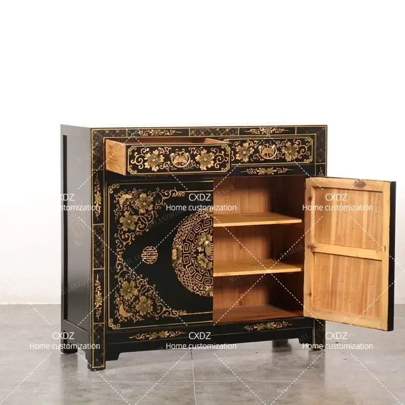 New Chinese Style Gold Painted Shoe Cabinet with Mongolian Flower Pattern Antique 2 Door Storage Cabinet for Porch Foyer Wine