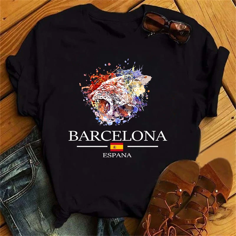 Barcelona Eagles Lions Leopards Print Women\'s T-Shirts Esppana Letter Harajuku Unisex Luxury TShirts Summer Short Sleeve Top