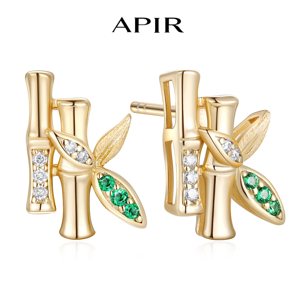 

APIR Moissanite Bamboo Leaf Stud Earrings for Women 925 Sterling Silver 18k Gold Plated Lab Cultivated Emerald Ear Jewelry Gifts