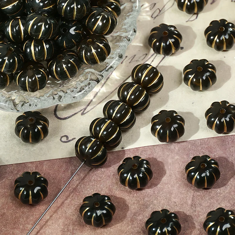 50 Stück/Packung 11 mm vergoldete Kürbisperlen – Harz-Heißgestempelte flache Kürbisperlen für DIY-Armbänder und Halskettenherstellung – Detail 7