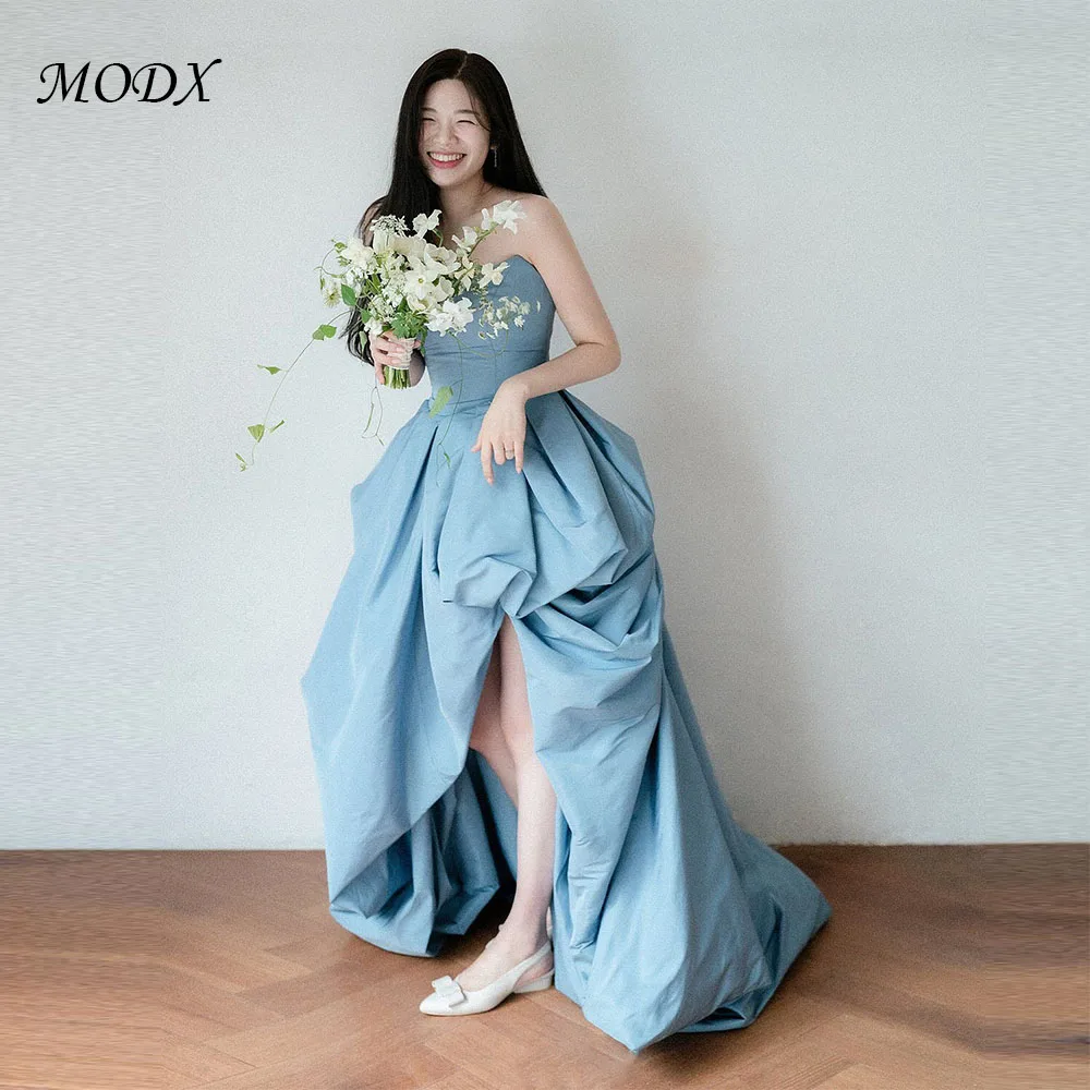 

MODX Light Blue Pleated Satin Korean Wedding Dress Strapless Customized Corset Dress Wedding Snap Prom Dresses 웨딩드레스