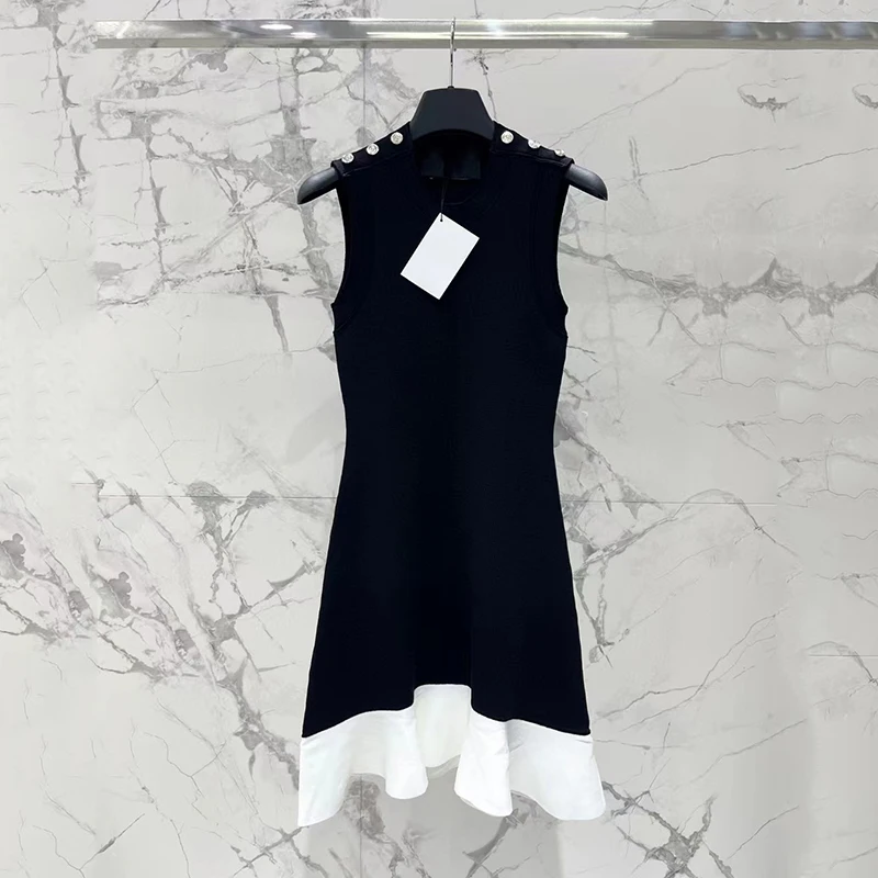 Abito in maglia senza maniche con collisione di colore bianco e nero, abiti da festa Sexy Slim alla moda, donna di alta qualità, 2024, estate,