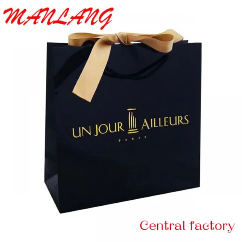 Custom  Gold Hot Stamping Black Custom Shopping Gift Packaging Paper Bags With Your Own Logo