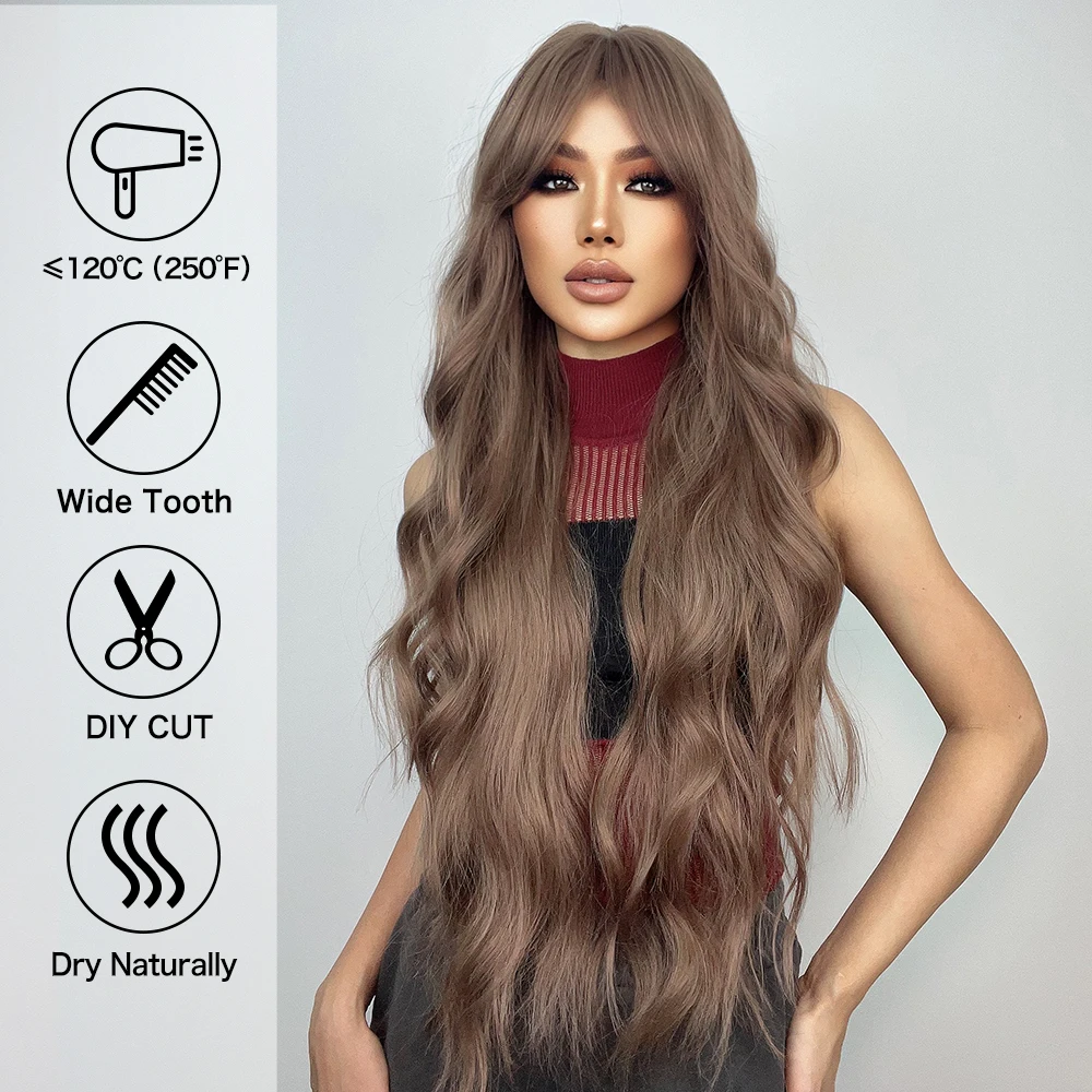 Super Long Curly Chocolate Brown Synthetic Hair Wigs with Bangs Cosplay for Women Afro Water Wave Natural Heat Resistant Wig