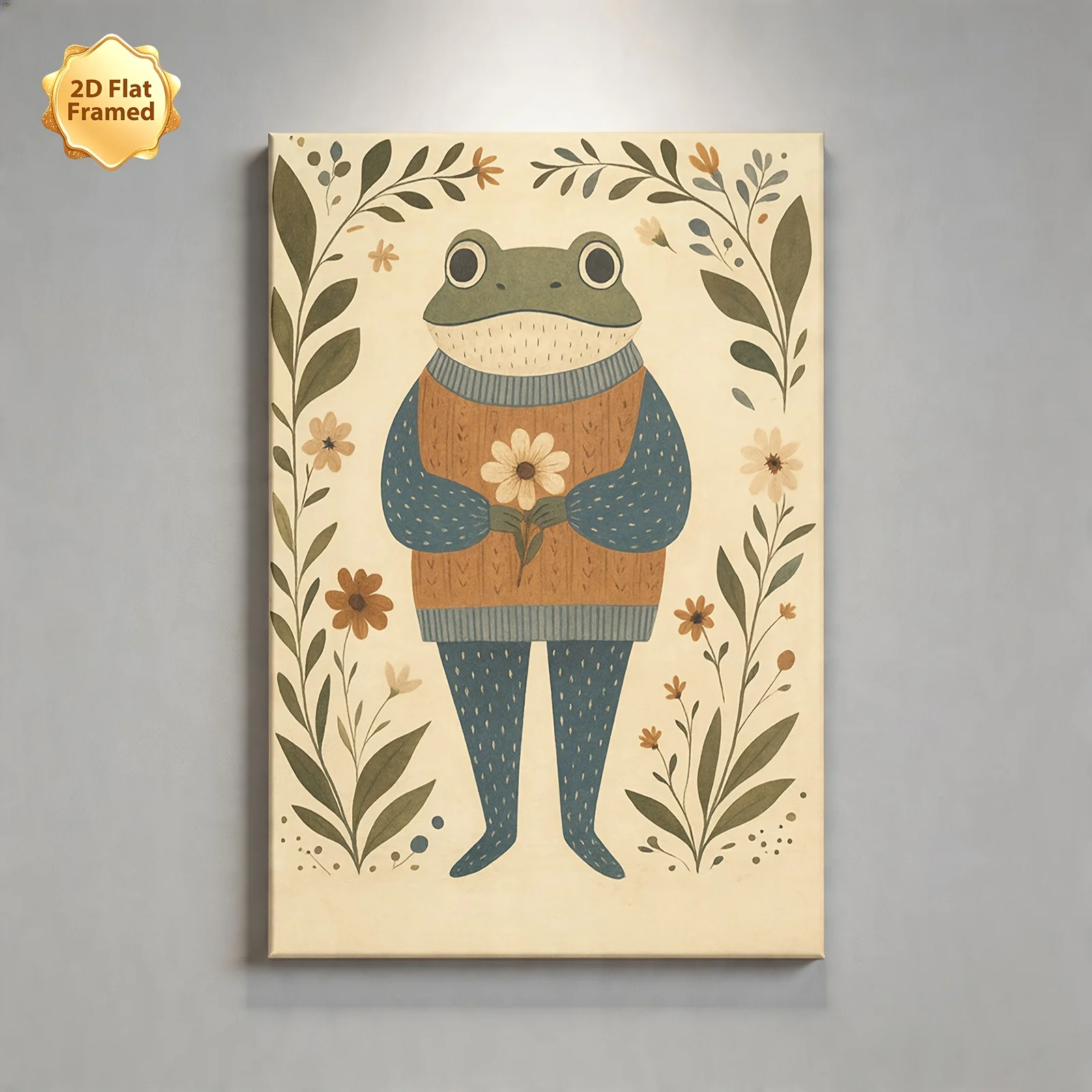 (No frame)2D Flat, 1pc Framed Folk Frog in Sweater Wall Art - Modern Retro Frog Print Suitable for Living Room, Bedroom, Deco