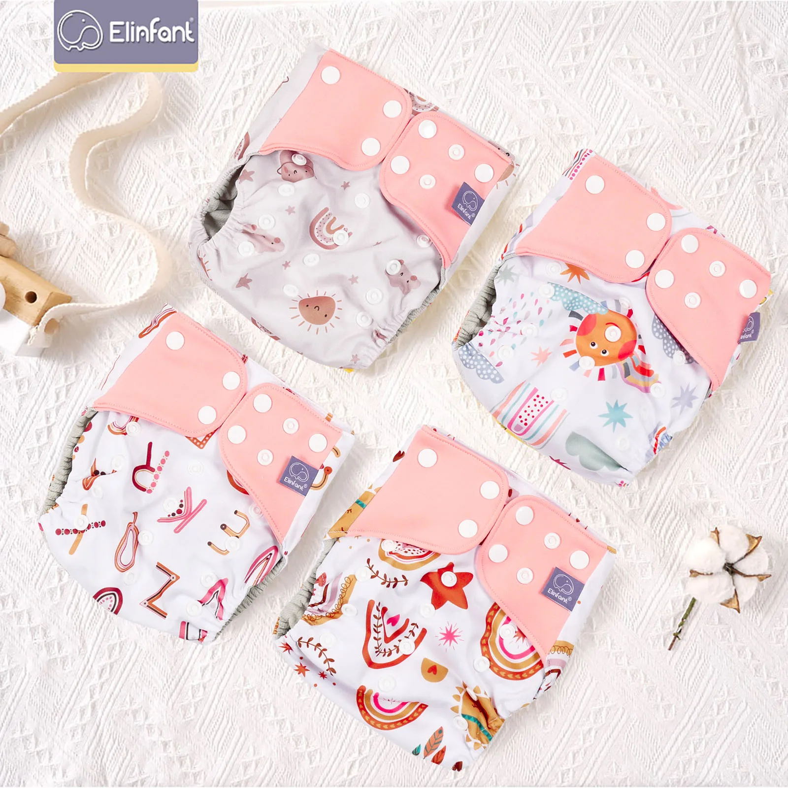 Elinfant Wholesale 4pcs/set Zmywalne pieluchy dla niemowląt Szara siatkowa pieluszka z tkaniny Regulowane i wielokrotnego użytku pieluchy kieszonkowe