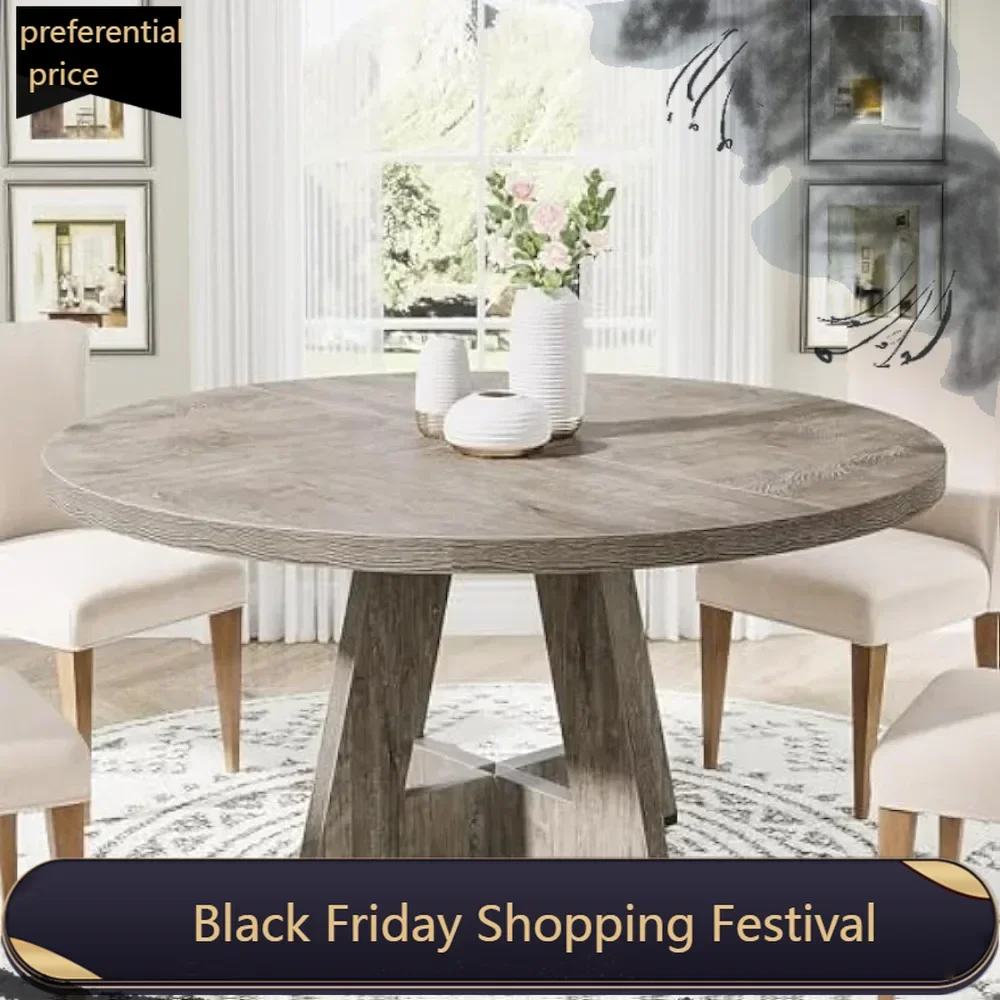 Round Dining Table for 4, 47 Inch Grey Kitchen Table Small Dinner Table Farmhouse Wood Kitchen Dinning  for Dining Room