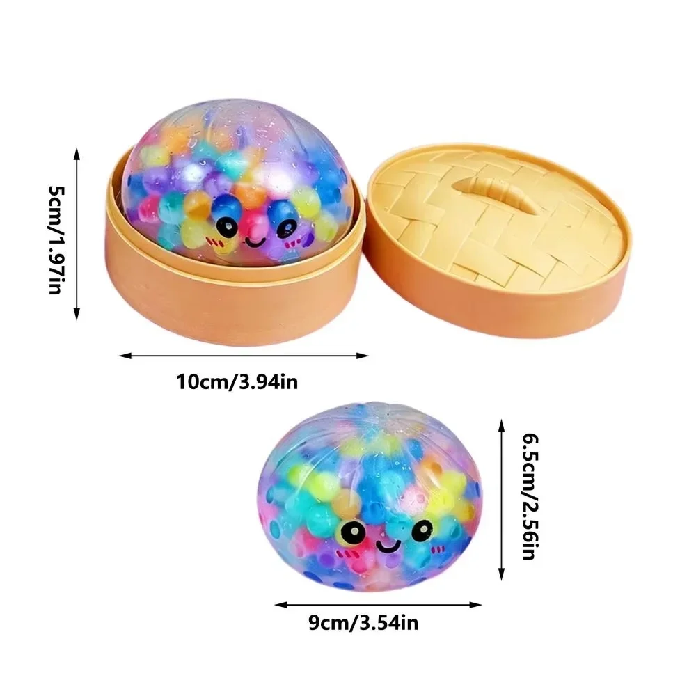 Rainbow Dumpling Squishy with Bead Sensory Squeeze Toy for Stress Relief with Bamboo Steamer Funny Gift