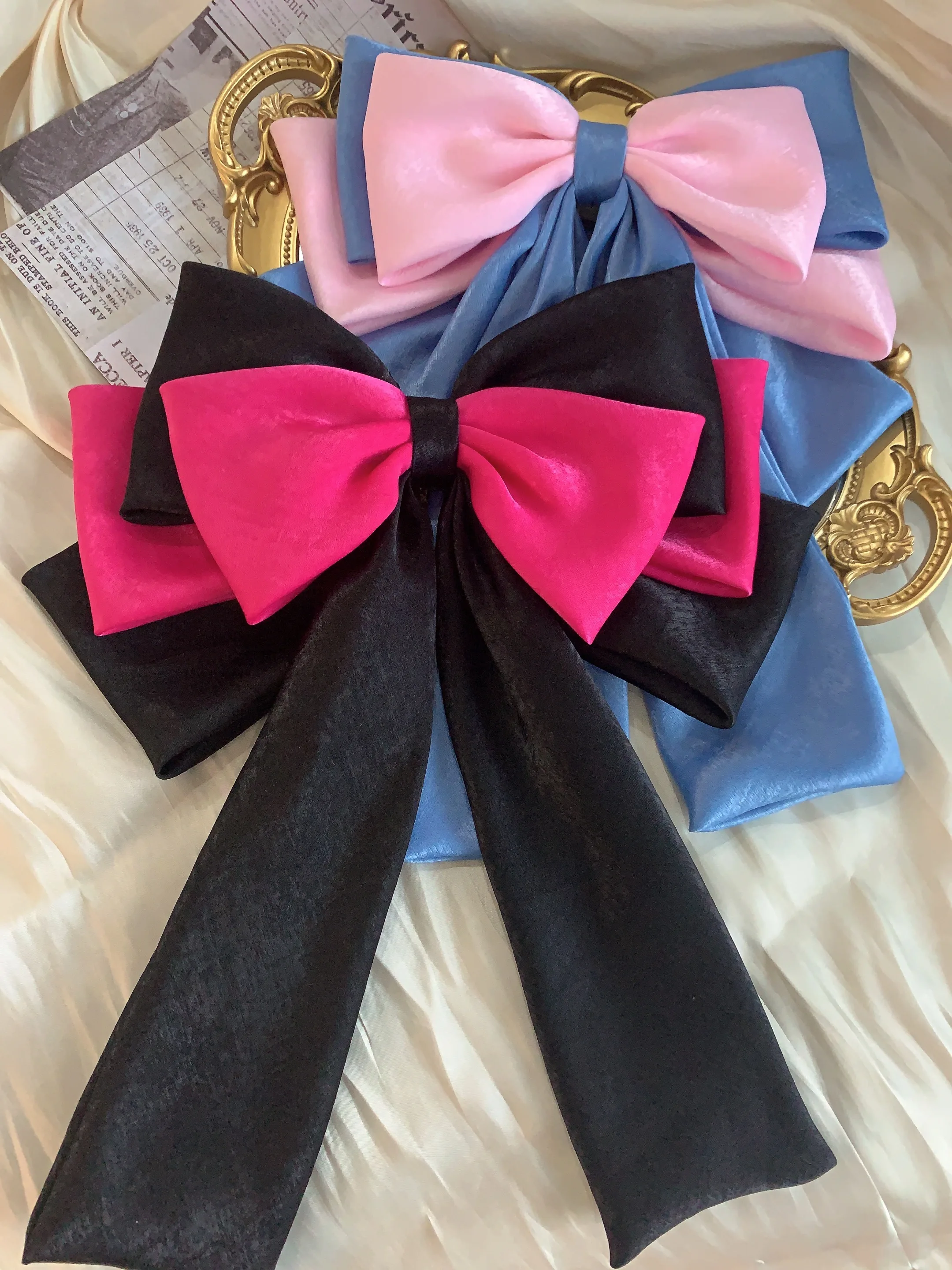 Exaggerate and oversized Satin Bow Hair Clip for Women Girls Long Ribbon Barrette Hairpin Color block KoreanHair Accessories