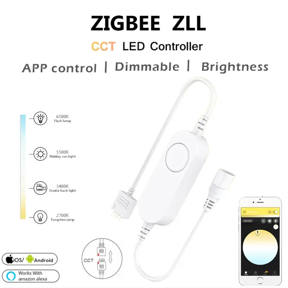 Zigbee3.0 CCT LED Controller DC24V COB Led Strip light 608LEDs/m Warm Cold White Dimmable Tape Tuya Zigbee for smartthing Alexa