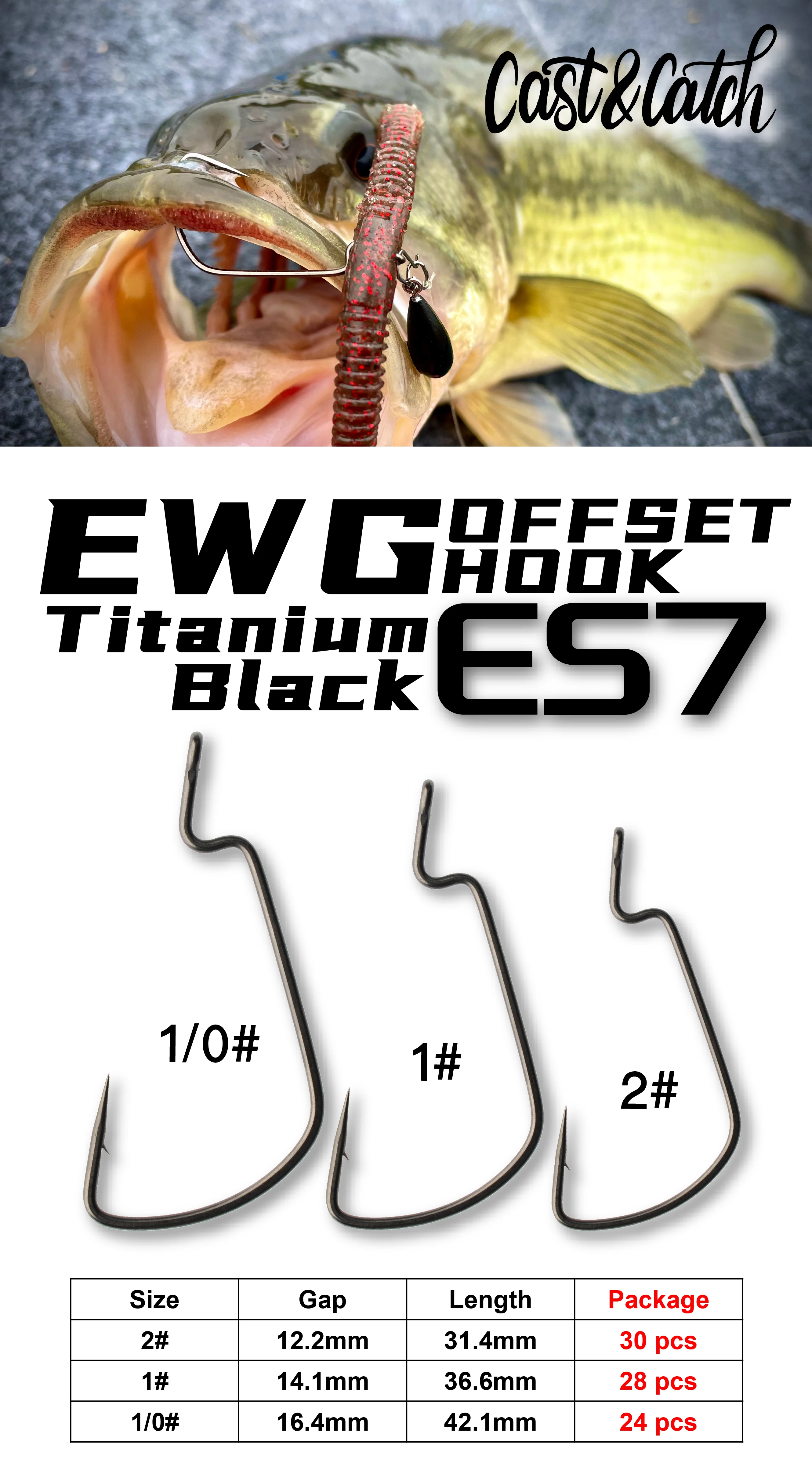 Cast&Catch ES7 Wide Belly Offset Hook Titanium Black Präzisions-Anti-Rutsch-Widerhaken für Barsch, Black Pit Soft Lure Angelhaken – Detail 1