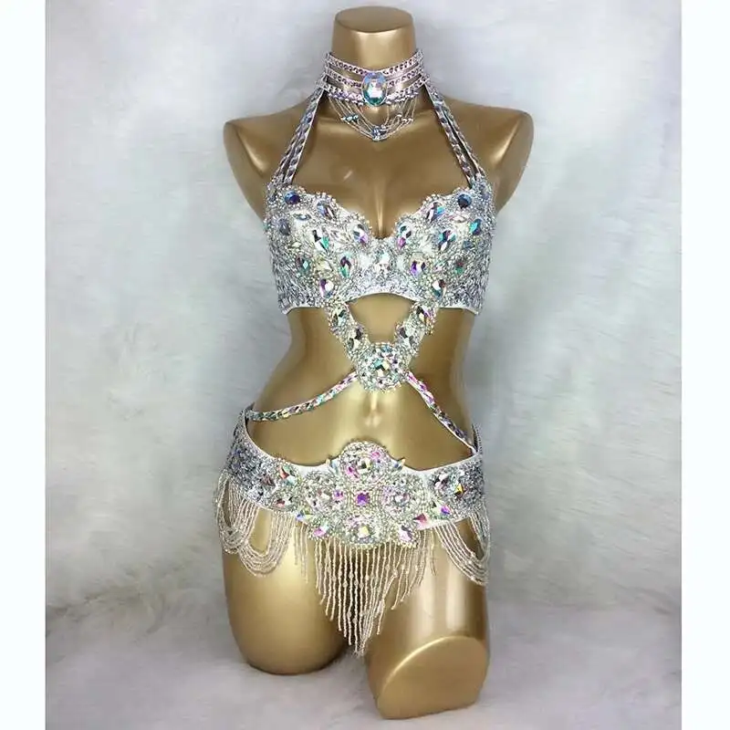حار بيع المرأة مطرز كريستال ملابس رقص البطن ارتداء الصدرية + حزام مجموعة مثير الرقص الشرقي دعوى الرقص الشرقي الملابس
