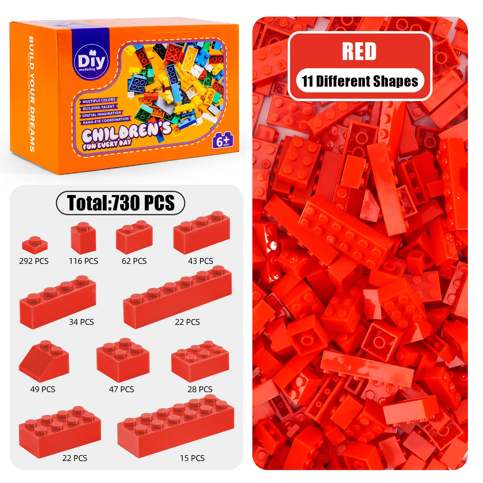 730개 소형 입자 블록 다양한 부품 벌크 세트 빨간색 11가지 크기 DIY 창의적 모델 STEM 교육용 장난감