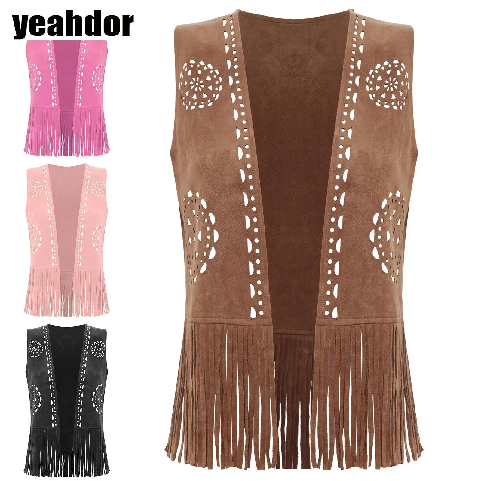 

Women Western Cowgirl Fringe Vest Vintage Hollow Out Tassel Open Front Tank Top Faux Suede Vest Waistcoat 70s Disco Hippy Jacket