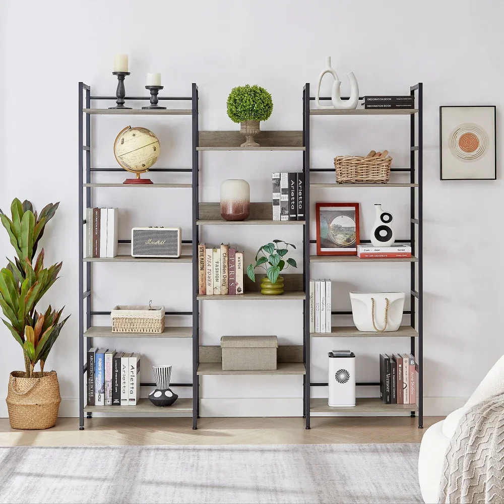 Triple Wide 5-shelf Industrial Retro Wooden Bookshelves for Home/Office, Large Open Design, Grey.