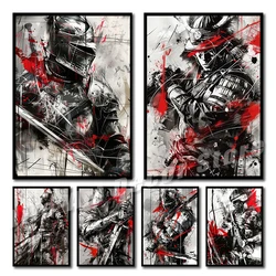 Medieval Knight Spartan Warrior Japanese Samurai Red Black Poster Print Canvas Painting Wall Art Picture for Room Home Decor