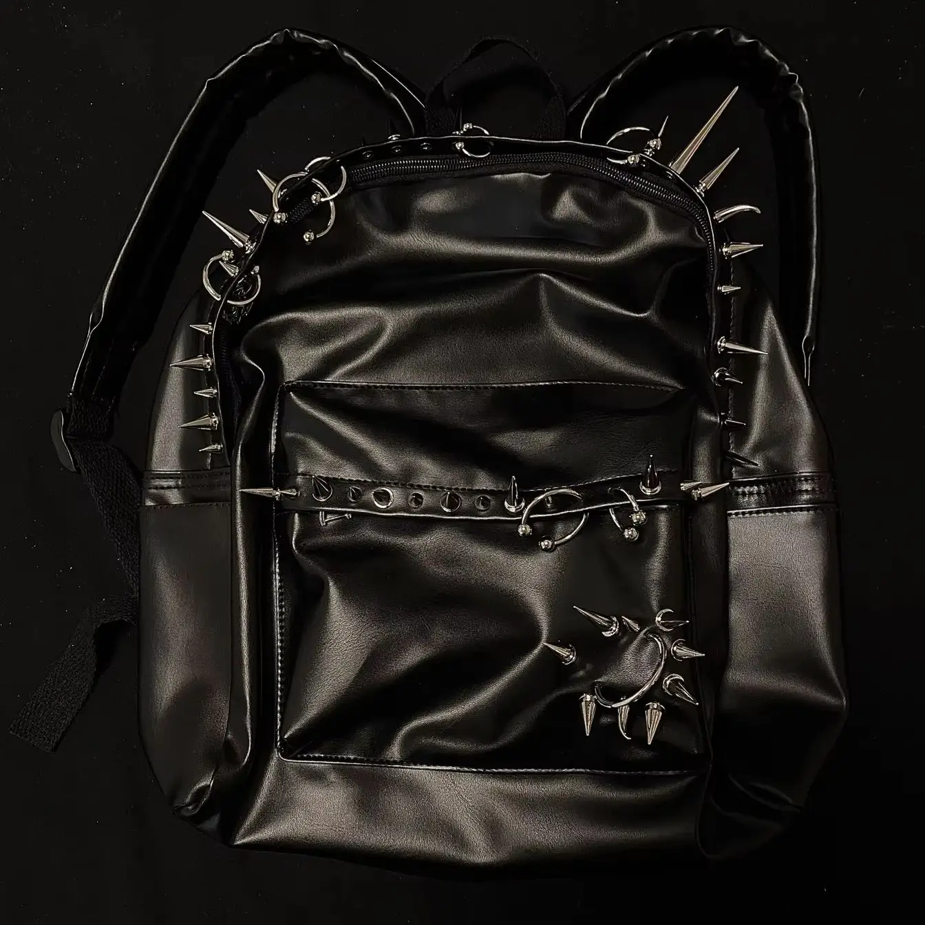 punk rivet black leather backpack men's bag Fashion Large Capacity backpacks women'bag