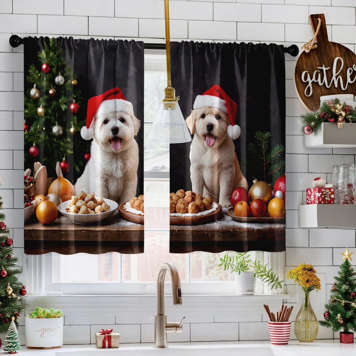 VIKAMA Christmas Valance Curtain Kitchen Window 2PCS 3D Digital Print Waterproof Oil Proof Short Curtain