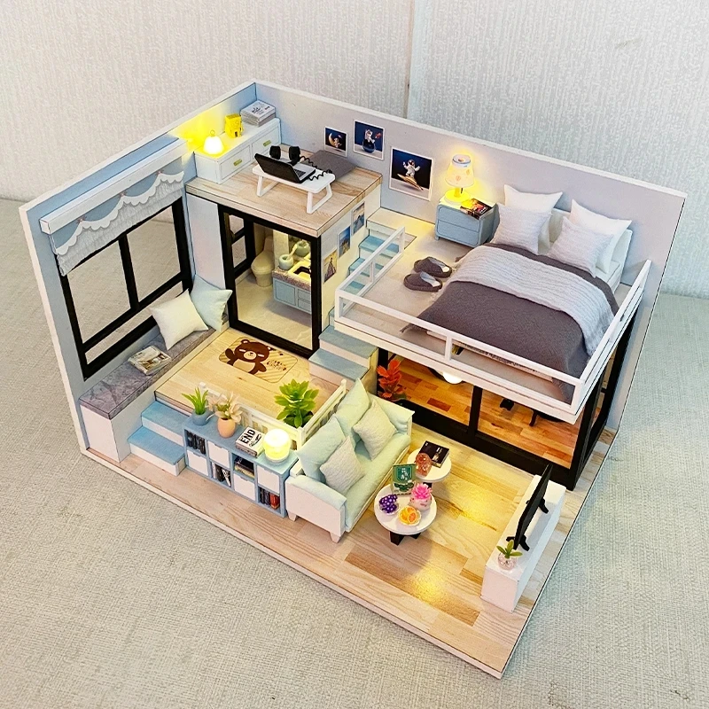 DIY Wooden Casa Doll Houses Miniature Building Kits with Furniture Light Modern Loft Dollhouse Toys for Adults Birthday Gifts