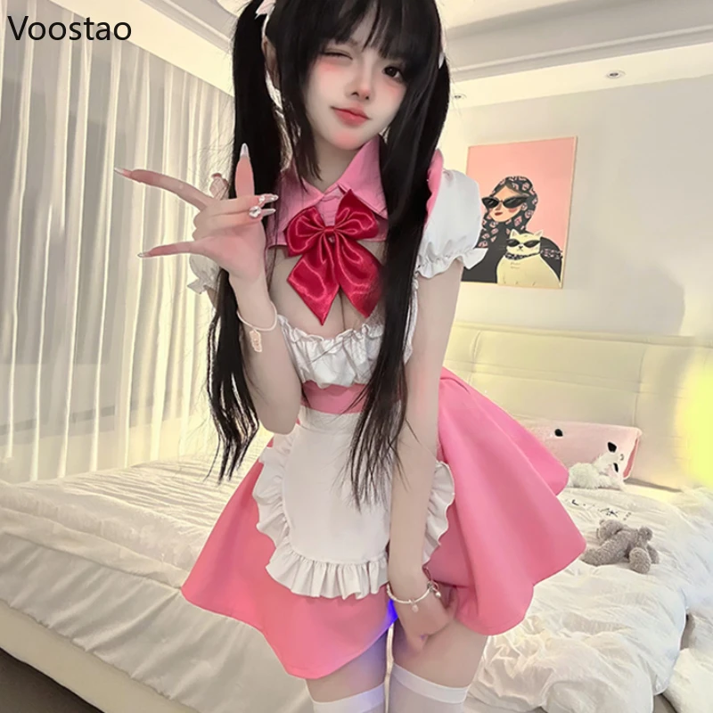 Japanese Sweet Lolita Maid Party Mini Dress Women Cute Apron Bow Anime Cosplay Costumes Girl Sexy Role Play Pink Uniform Sets