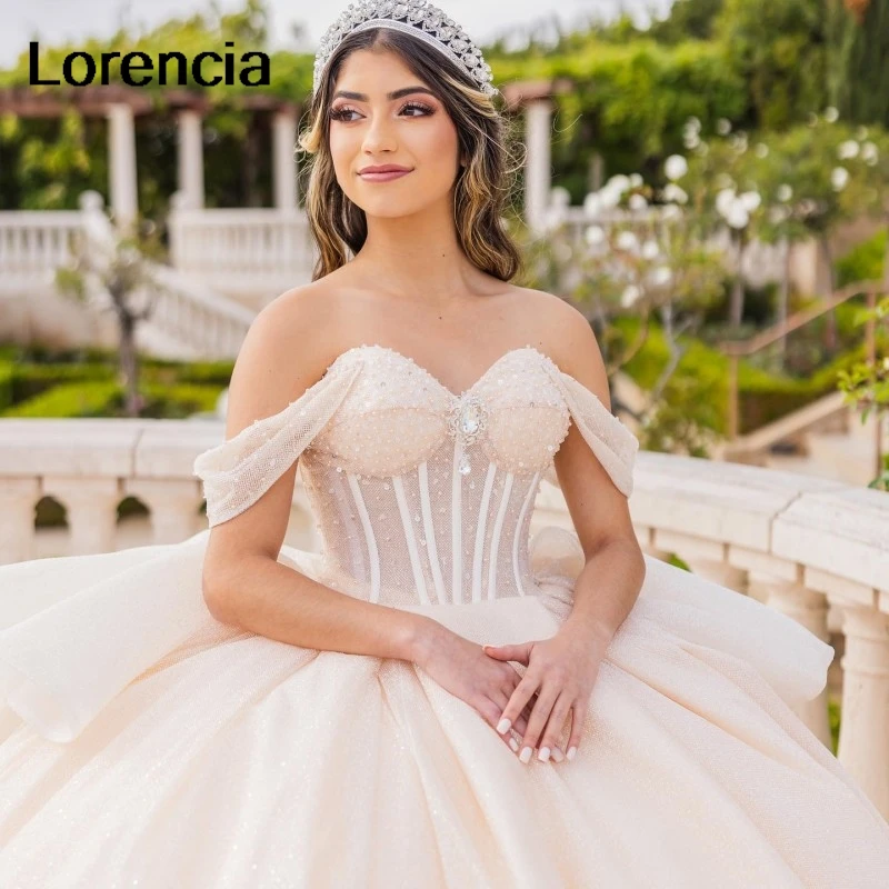 فستان Quinceanera عاجي مكشوف الأكتاف مخصص من الخرز الكريستالي المكسيك مشد حلو 16 فيستدوس دي 15 أنيو YQD795