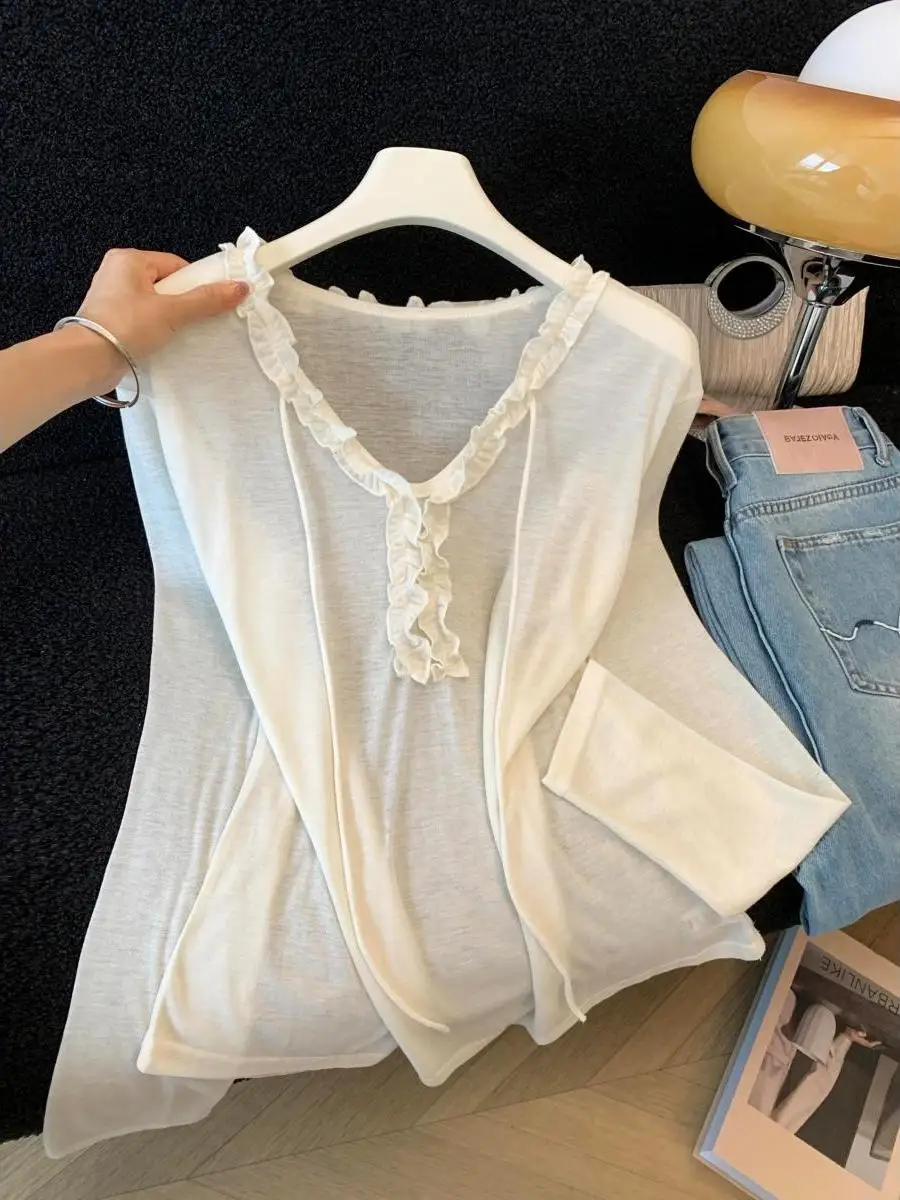 Korean Style Gentle Thin Long Sleeve V-Neck Women's T-Shirt Summer Loose Sense Sun Protection Shirt City Walk Casual Wear