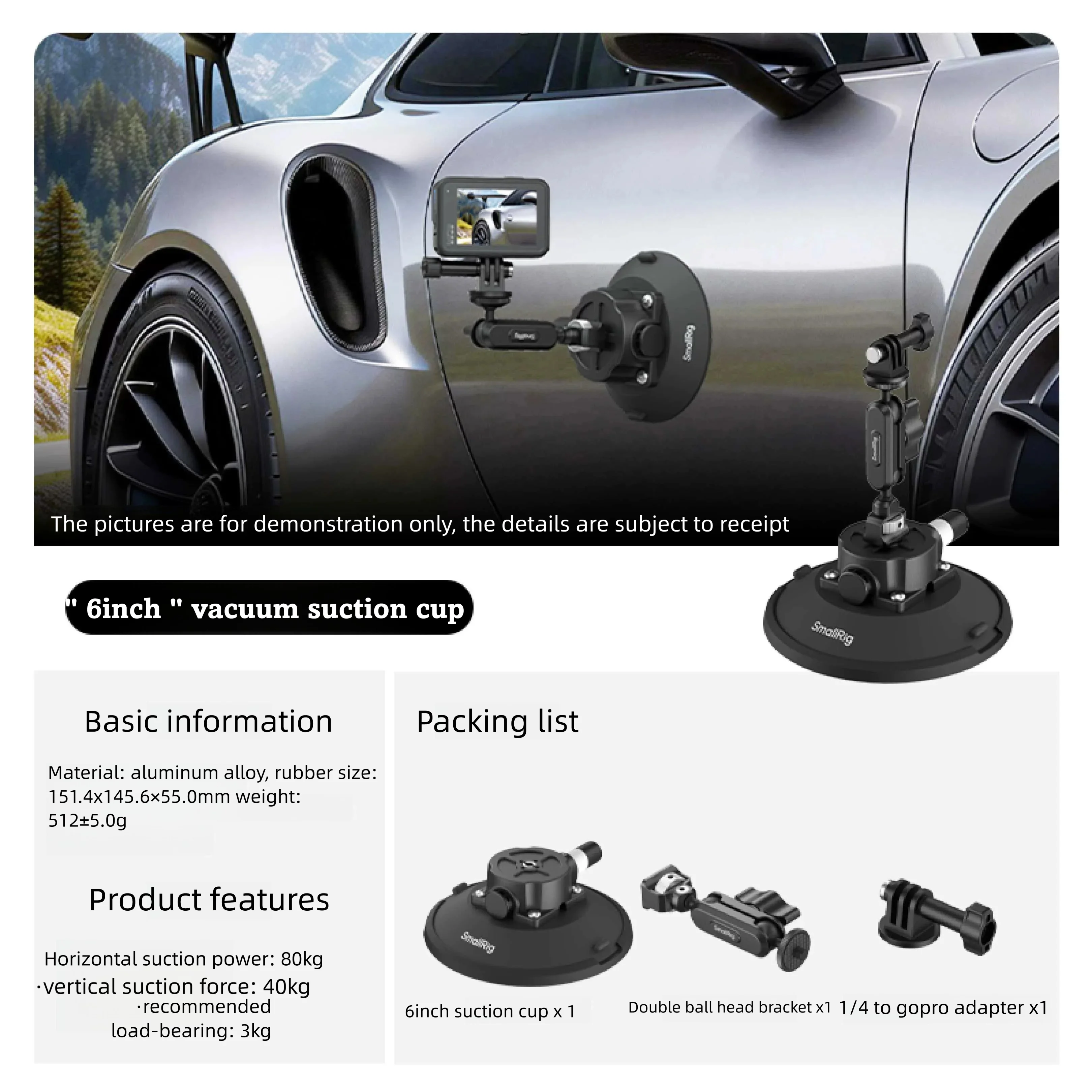 SmallRig Vacuum Car Suction Cup Mount 4.5‑Inch, for DJI Pocket4P/4/3, Mirrorless & Action Cameras, Insta360 Luna U