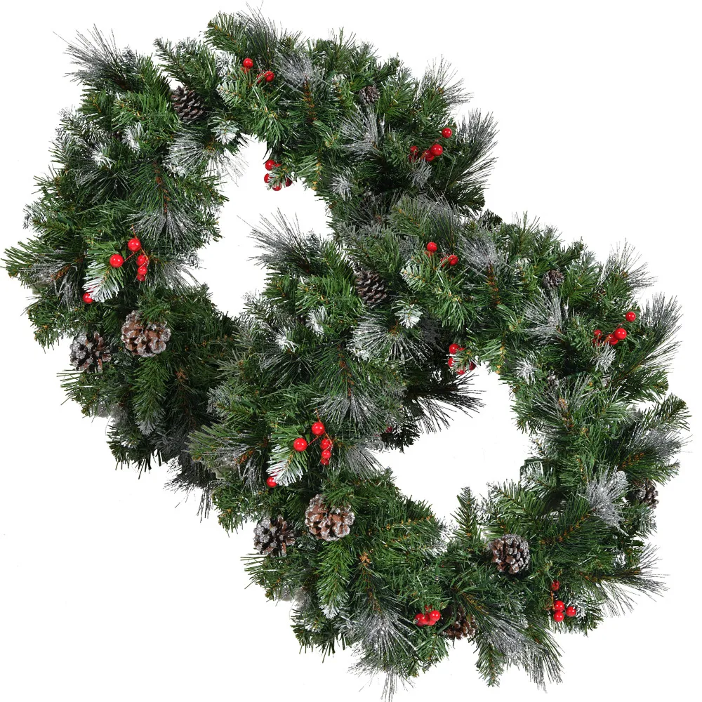 2-packed 24'' Glitter Bristle Mixed Wreath with with 9 Red Berry and 9 Pine Cones and 50 Warm White LED Lights