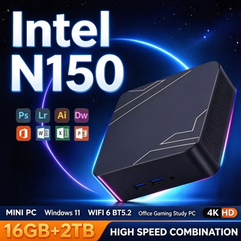 Intel N150 Form‑Factor Mini PC Windows 11 16GB RAM 1TB/2TB SSD WiFi6 BT5.2 High‑Speed Desktop for Home Office Daily Gaming Use