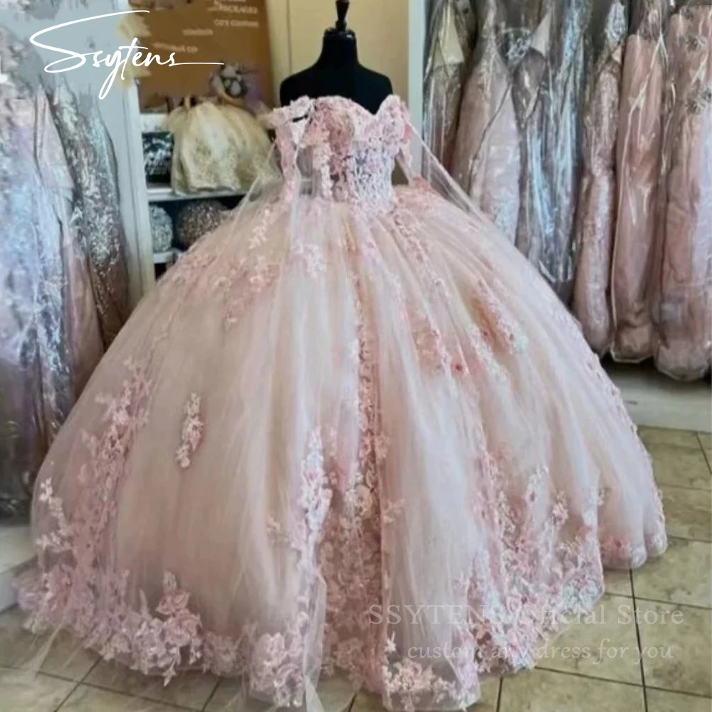 SSYTENS Light Rose Pink Ball Gown Quinceanera Dresses Cinderella Vestidos De 15 Anos 3D Flower Lace XV Princess Party Customized