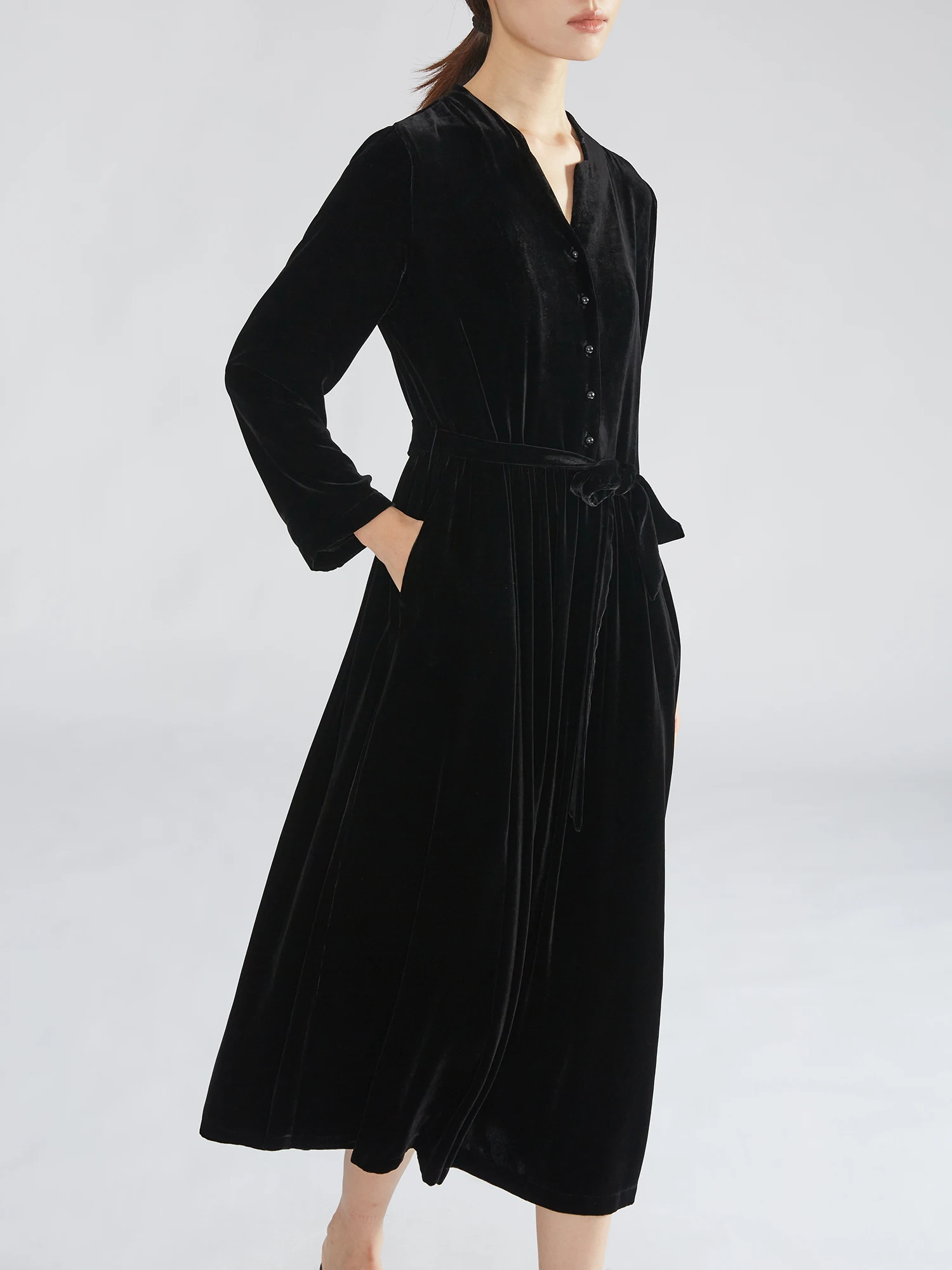 2025 moda feminina outono novo 16% natural amoreira seda veludo camisa estilo com decote em v manga longa vestido de cinto preto