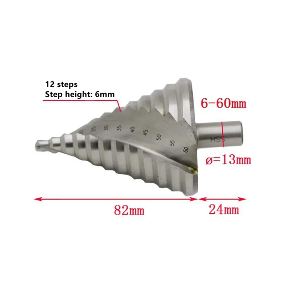 1Pcs 12 Step Cone Drill Bits Hole Cutter Bit 6-60mm Triangle Shank Wood Metal Drilling  Fluted Edges HSS Reamer