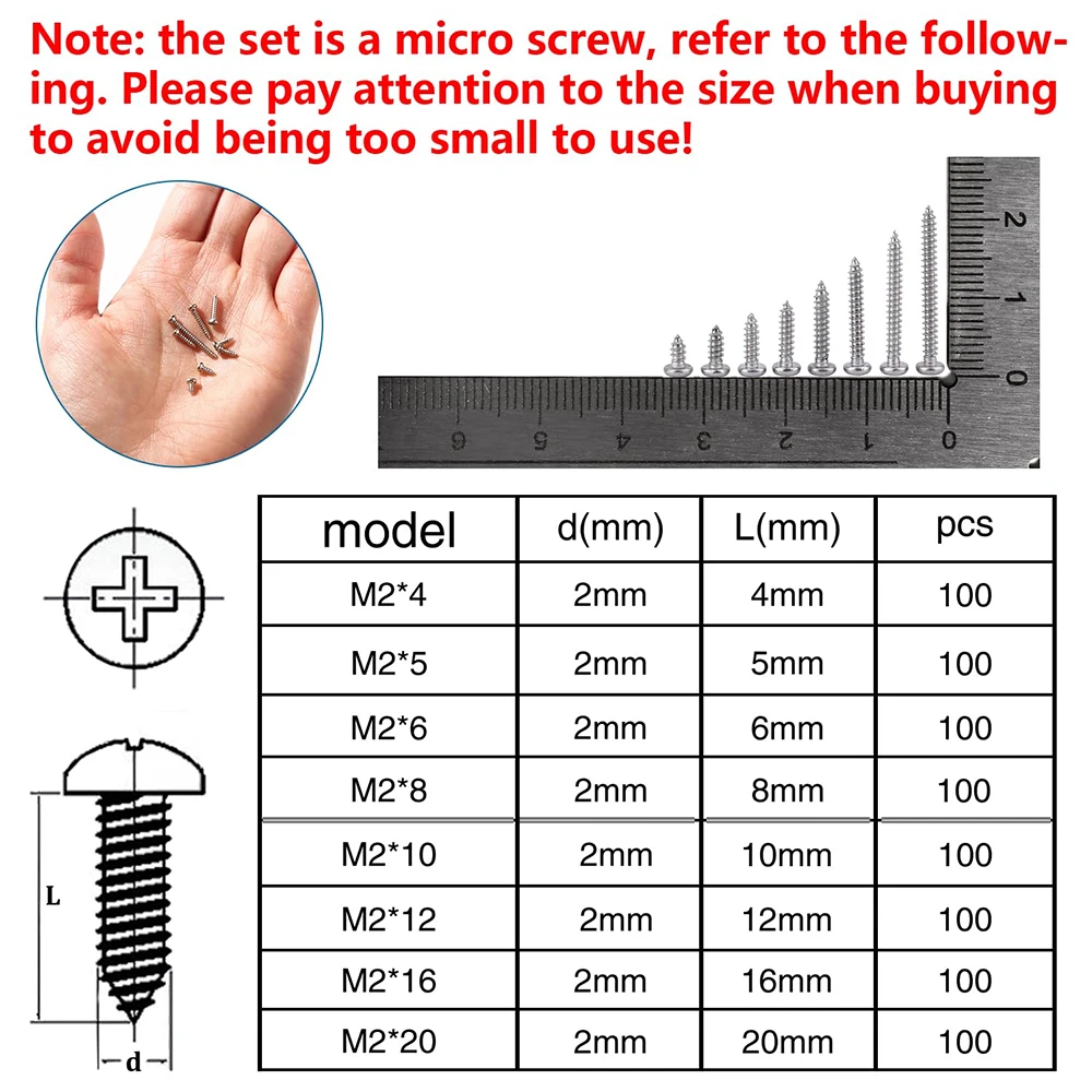 400/800PCS M2 Cross Head Self Tapping Screws, Small Screw stainless Steel Screws, for Plastic Wood Soft Metal (Silver Miniature)