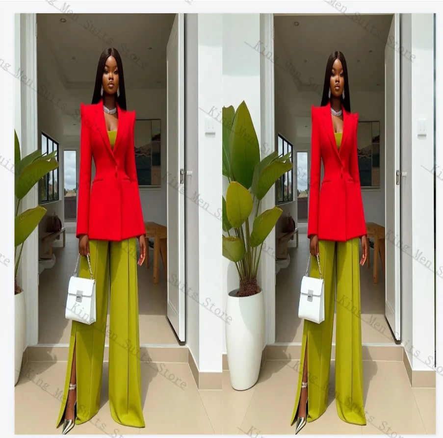 

Red Green Women Suit Set 2 Pieces Blazer+Pants Trousers Cotton Customized Formal Office Lady Jacket Wedding Cotton Prom Coat
