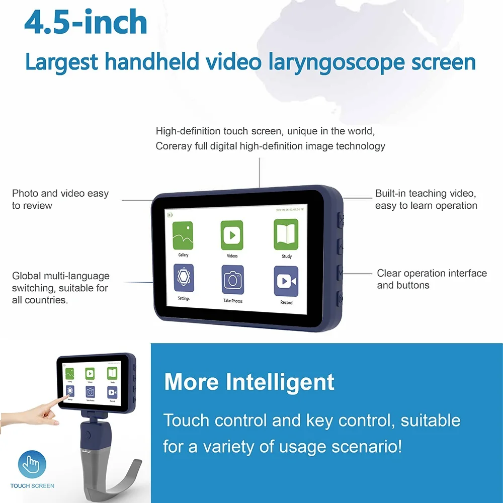 4.5 inch Touch Screen Digital Video Laryngoscope Reusable Sterilizable Blades Color TFT LCD