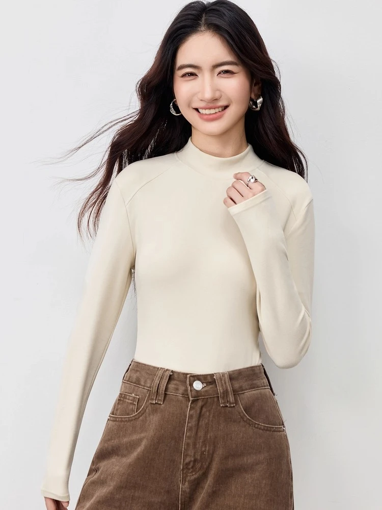 SENTUBILA Women's Long Sleeve Top 2025 Winter Solid Mock Neck Knitted Tees Simple Casual Loose T-Shirts Basic Clothing W54SF3967