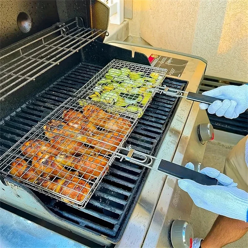 Cesta de barbacoa portátil de acero inoxidable para exteriores con verduras plegables, filete, pescado, camarones, jamón, herramientas de barbacoa para fiesta de Picnic