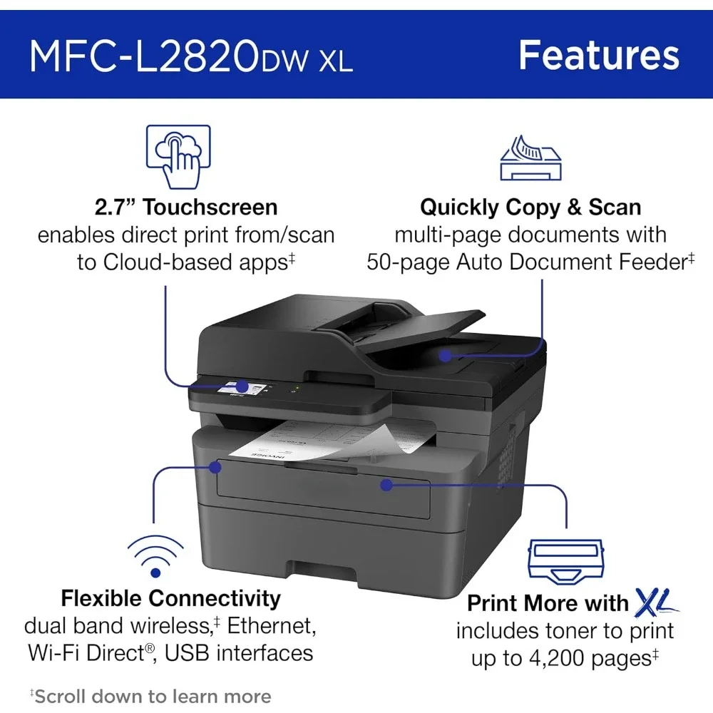 

Горячая распродажа MFC-L2820DW XL Беспроводной компактный монохромный универсальный принтер с копированием, сканированием и факсацией, дуплексом, черно-белым